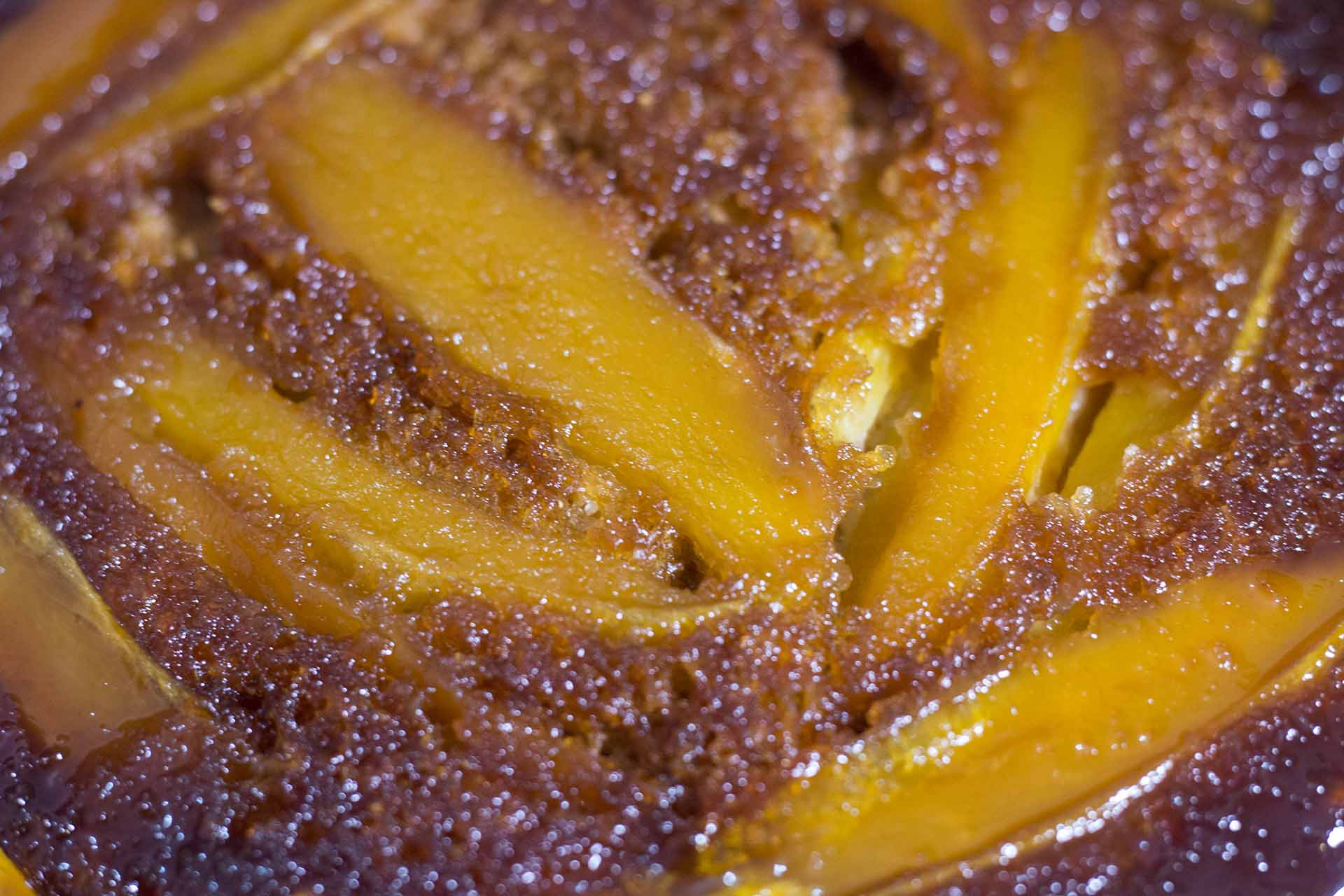 Close up view of Mango Upside Down Cake